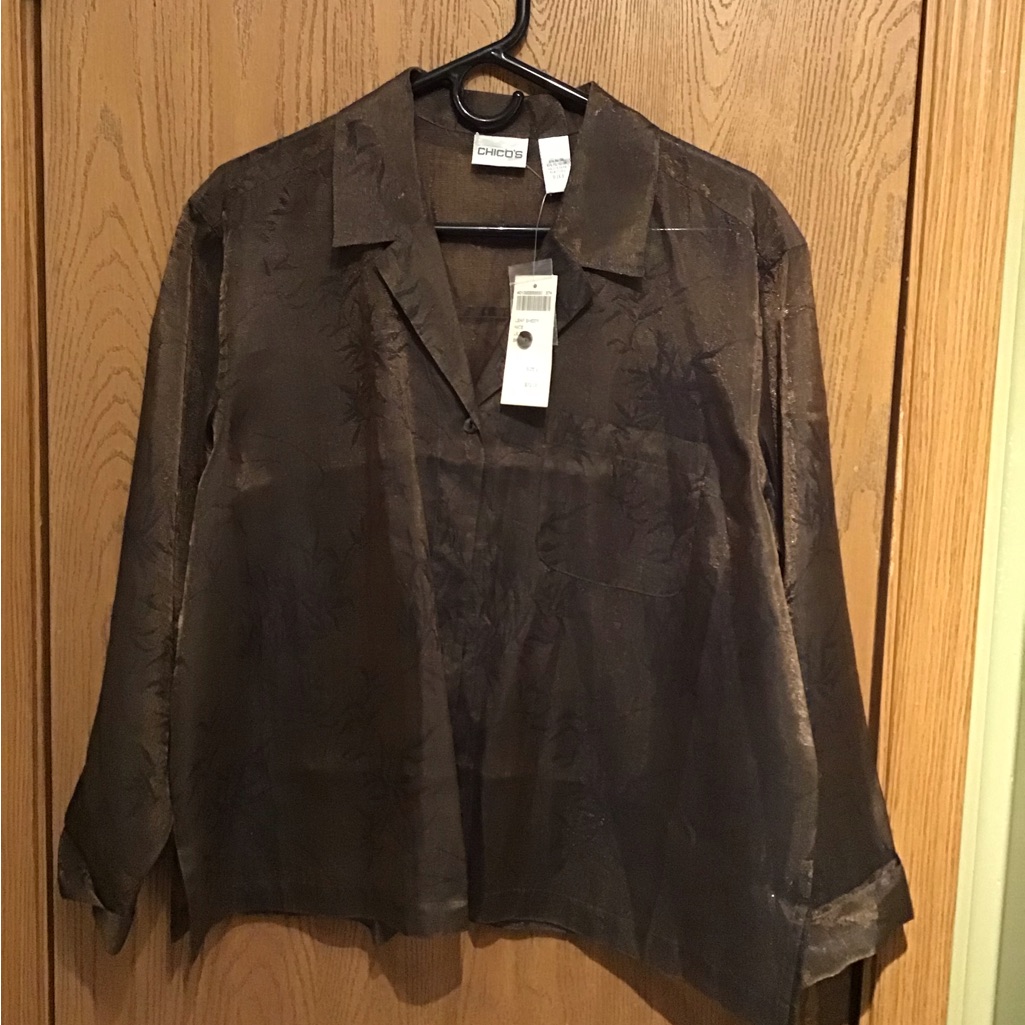 Chico’s Sheer Crinkle Bronze Leaf Blouse
